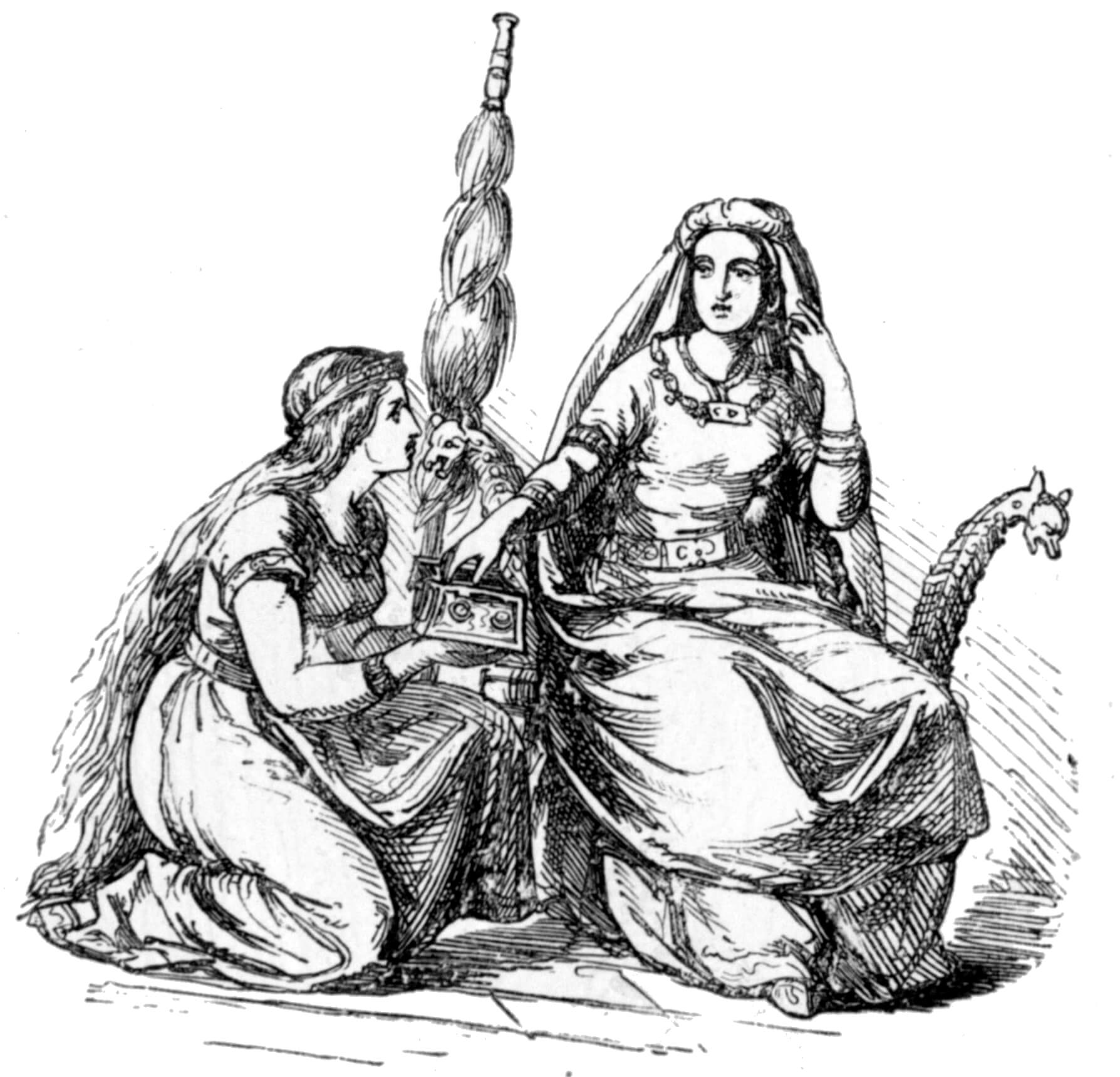 Frigga with her spindle, and with Fulla and her box nearby