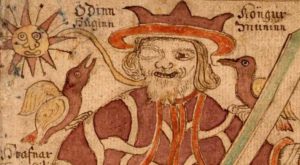 On Raven in Myths of the North: Odin and his ravens, from an Icelandic text.